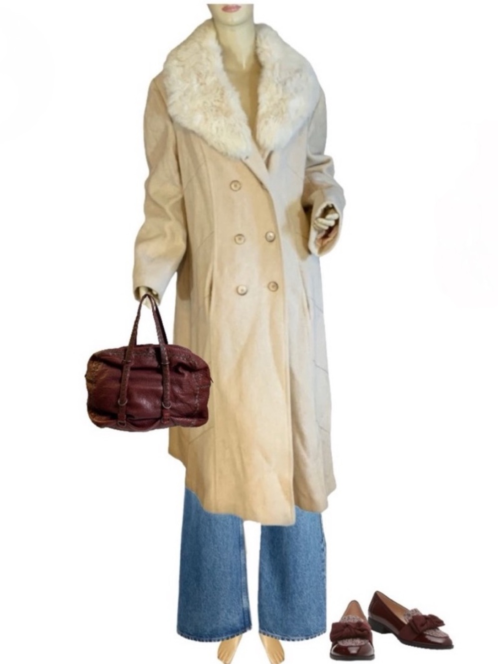 VINTAGE 1980'S PRIME SOURCE NY BEIGE & CREAM WOOL & RABBIT FUR COLLAR COAT (L)